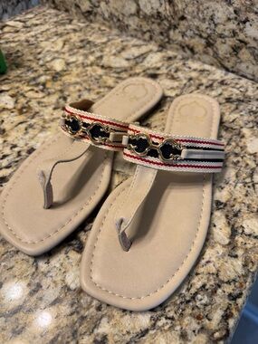 C. Wonder Beige Toe-Post Sandals with Striped Accent and Gold Hardware
